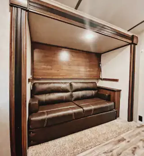 Flip the bunk up or down for more room.  Couch makes a full sized bed.